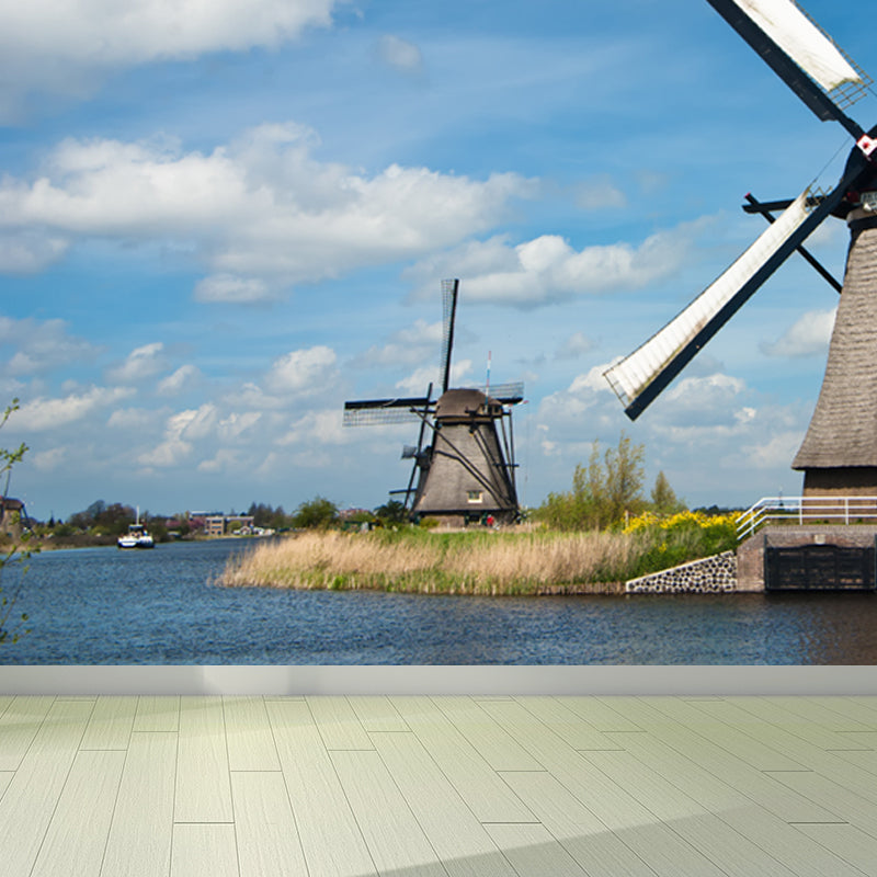 Full Size Photography Modern Mural Wallpaper with Windmill Landscape in Soft Color Clearhalo 'Wall Decor' 'Wall Mural' 1627739