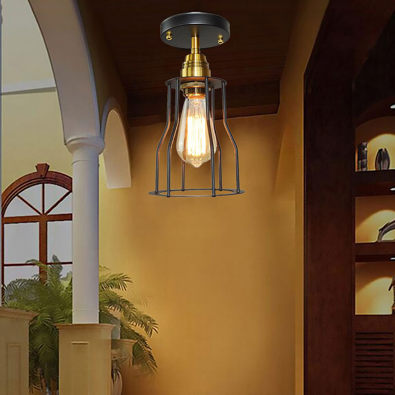 Industrial Stylish Wire Guard Ceiling Light 1 Light Metallic Semi Flush Light in Brass/Antique Brass for Hallway Antique Brass Clearhalo 'Ceiling Lights' 'Close To Ceiling Lights' 'Close to ceiling' 'Semi-flushmount' Lighting' 162775