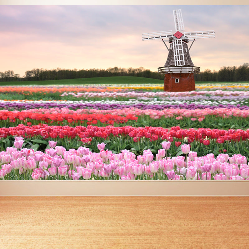 Full Size Photography Modern Mural Wallpaper with Windmill Landscape in Soft Color Pink Clearhalo 'Wall Decor' 'Wall Mural' 1627753