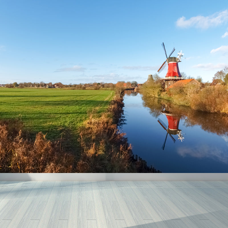 Rotating Windmill Mural Wallpaper for Dining Room Summer Wall Decor, Custom Printed Blue Clearhalo 'Wall Decor' 'Wall Mural' 1627863