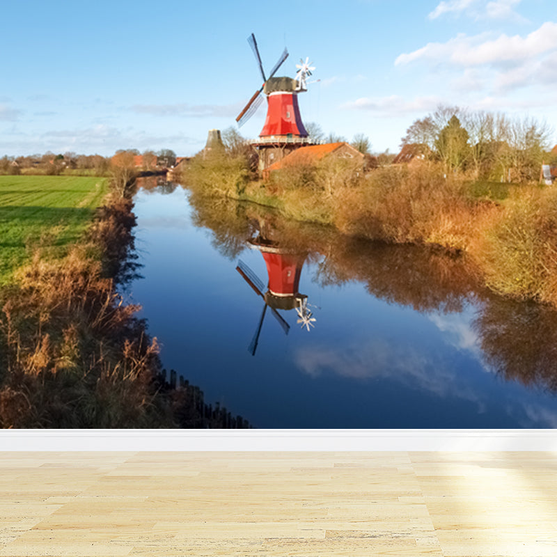 Rotating Windmill Mural Wallpaper for Dining Room Summer Wall Decor, Custom Printed Clearhalo 'Wall Decor' 'Wall Mural' 1627865