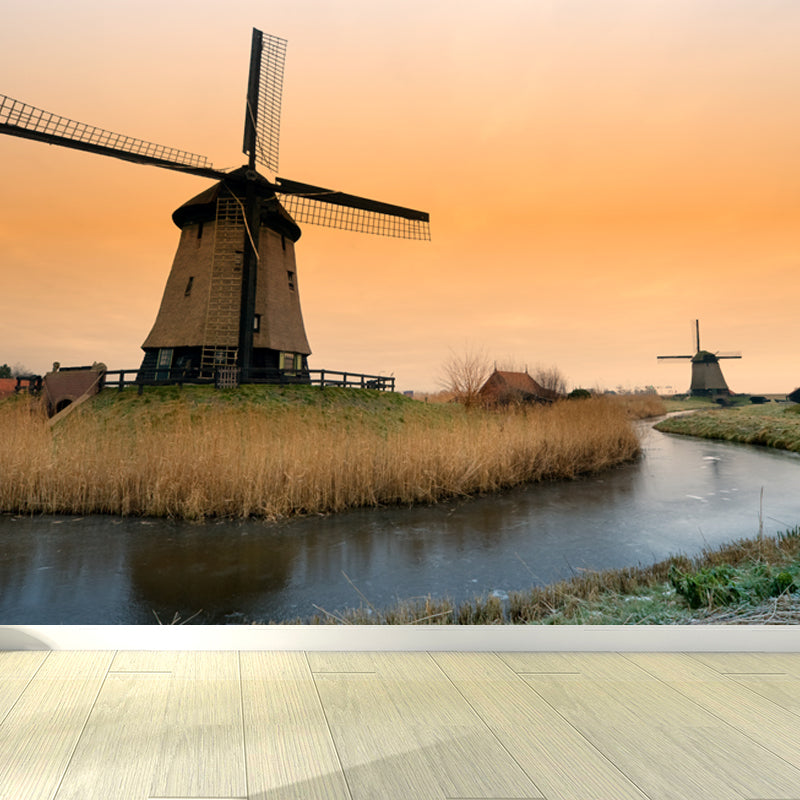 Rotating Windmill Mural Wallpaper for Dining Room Summer Wall Decor, Custom Printed Orange Clearhalo 'Wall Decor' 'Wall Mural' 1627868