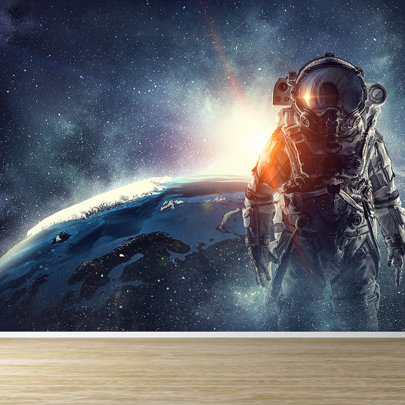 Huge Astronaut Print Mural for Bedroom Universe Wall Art in Blue, Stain Resistant Clearhalo 'Wall Decor' 'Wall Mural' 1627884
