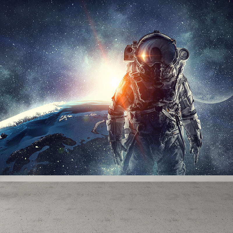 Huge Astronaut Print Mural for Bedroom Universe Wall Art in Blue, Stain Resistant Clearhalo 'Wall Decor' 'Wall Mural' 1627885