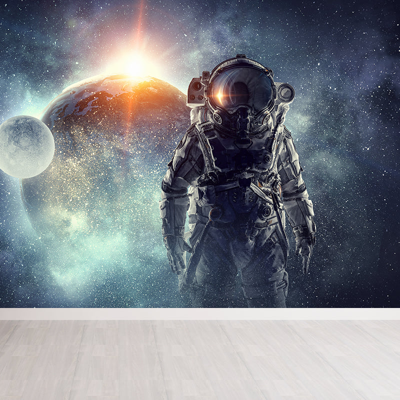 Huge Astronaut Print Mural for Bedroom Universe Wall Art in Blue, Stain Resistant Clearhalo 'Wall Decor' 'Wall Mural' 1627890