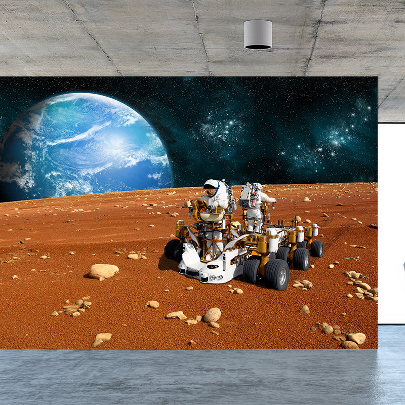 Photography Earth and Astronaut Mural Giant Wall Covering for Dining Room, Custom Brown Design 1 Clearhalo 'Wall Decor' 'Wall Mural' 1627893