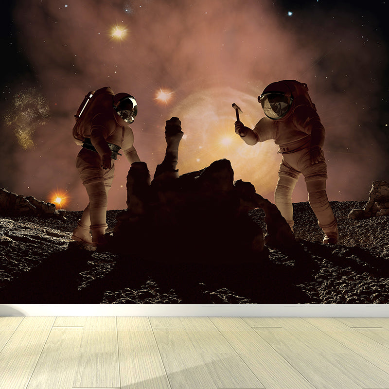 Photography Earth and Astronaut Mural Giant Wall Covering for Dining Room, Custom Brown Design 3 Clearhalo 'Wall Decor' 'Wall Mural' 1627903