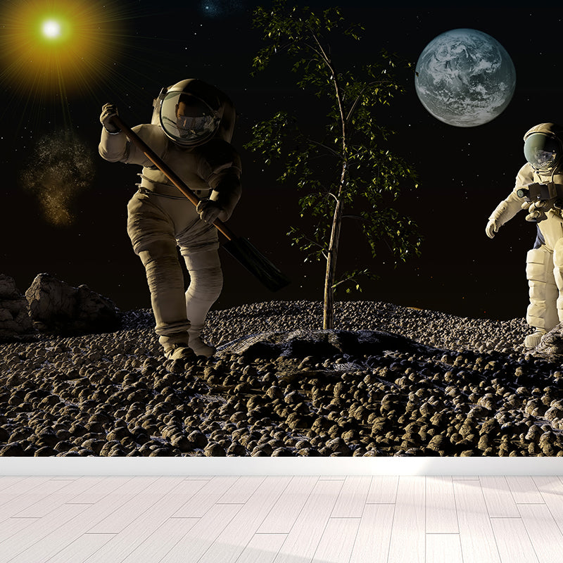 Photography Earth and Astronaut Mural Giant Wall Covering for Dining Room, Custom Brown Design 4 Clearhalo 'Wall Decor' 'Wall Mural' 1627908