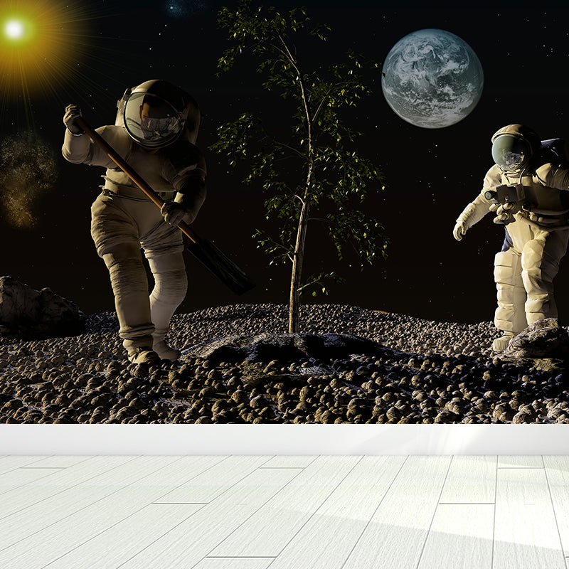 Photography Earth and Astronaut Mural Giant Wall Covering for Dining Room, Custom Clearhalo 'Wall Decor' 'Wall Mural' 1627909