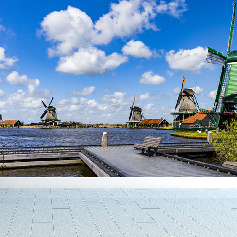 Huge Windmill and Sky Mural for Bedroom Nature Scene Wall Art in Pastel Color, Stain Resistant Blue Clearhalo 'Wall Decor' 'Wall Mural' 1627913