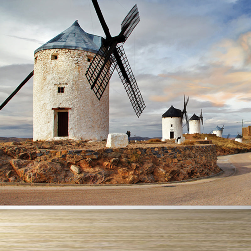 Huge Windmill and Sky Mural for Bedroom Nature Scene Wall Art in Pastel Color, Stain Resistant Clearhalo 'Wall Decor' 'Wall Mural' 1627919