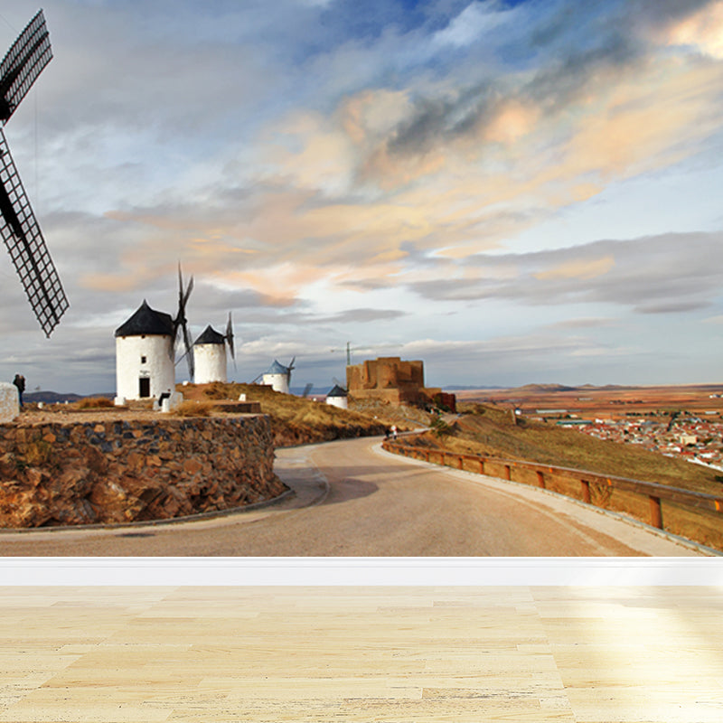 Huge Windmill and Sky Mural for Bedroom Nature Scene Wall Art in Pastel Color, Stain Resistant Clearhalo 'Wall Decor' 'Wall Mural' 1627920