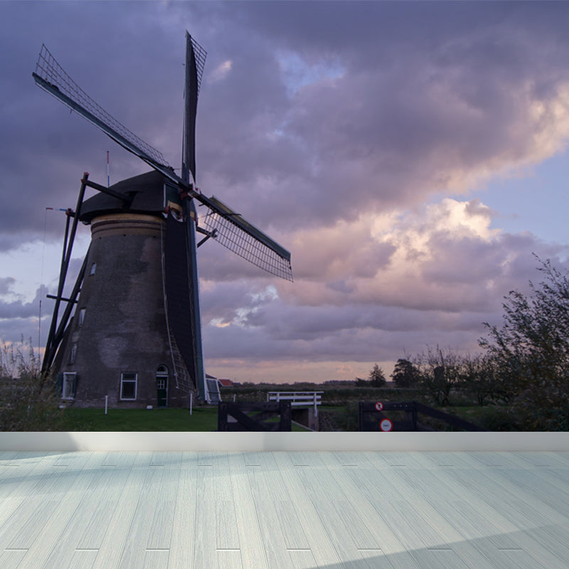Huge Windmill and Sky Mural for Bedroom Nature Scene Wall Art in Pastel Color, Stain Resistant Light Purple Clearhalo 'Wall Decor' 'Wall Mural' 1627923