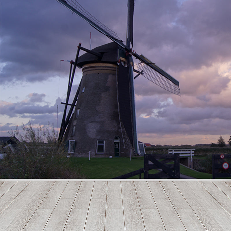 Huge Windmill and Sky Mural for Bedroom Nature Scene Wall Art in Pastel Color, Stain Resistant Clearhalo 'Wall Decor' 'Wall Mural' 1627925