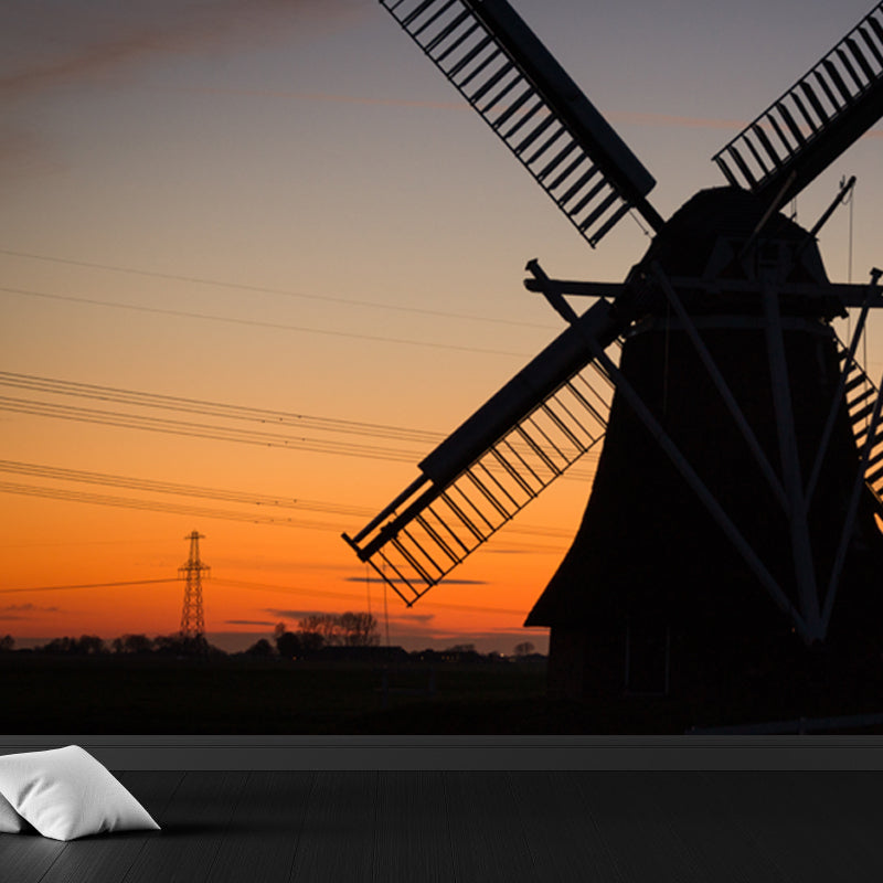 Huge Windmill and Sky Mural for Bedroom Nature Scene Wall Art in Pastel Color, Stain Resistant Clearhalo 'Wall Decor' 'Wall Mural' 1627929