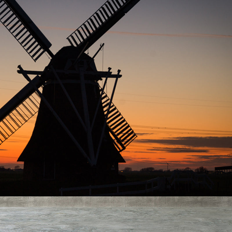 Huge Windmill and Sky Mural for Bedroom Nature Scene Wall Art in Pastel Color, Stain Resistant Clearhalo 'Wall Decor' 'Wall Mural' 1627930