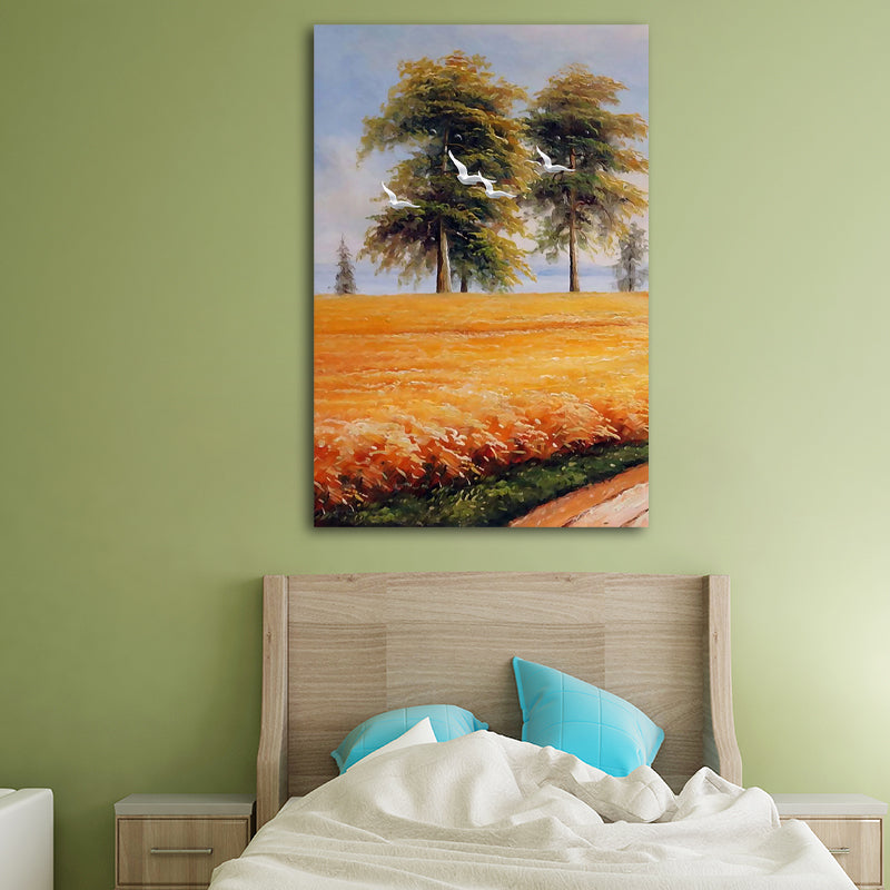 Yellow Painting Canvas Bird Flying over Field Landscape Rustic Textured Wall Art Clearhalo 'Art Gallery' 'Canvas Art' 'Country Art Gallery' 'French Country' 'Rustic' Arts' 1628376