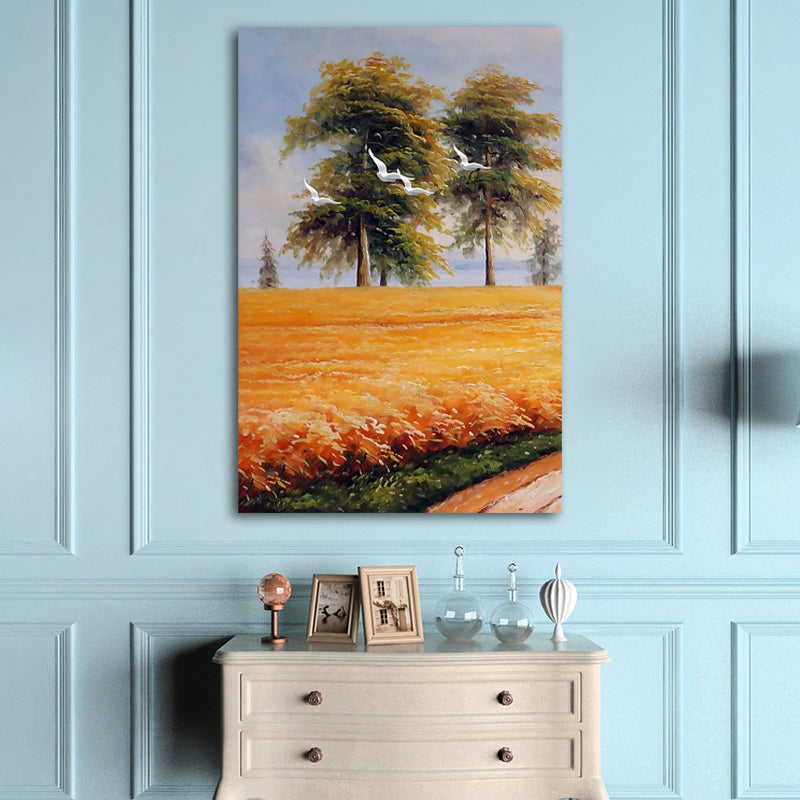 Yellow Painting Canvas Bird Flying over Field Landscape Rustic Textured Wall Art Clearhalo 'Art Gallery' 'Canvas Art' 'Country Art Gallery' 'French Country' 'Rustic' Arts' 1628377