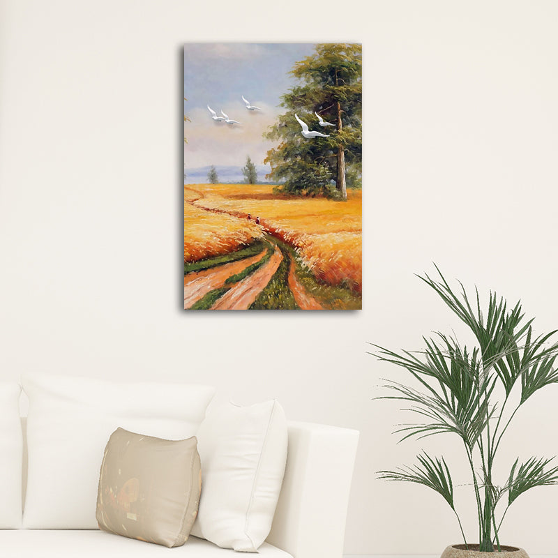 Yellow Painting Canvas Bird Flying over Field Landscape Rustic Textured Wall Art Clearhalo 'Art Gallery' 'Canvas Art' 'Country Art Gallery' 'French Country' 'Rustic' Arts' 1628383