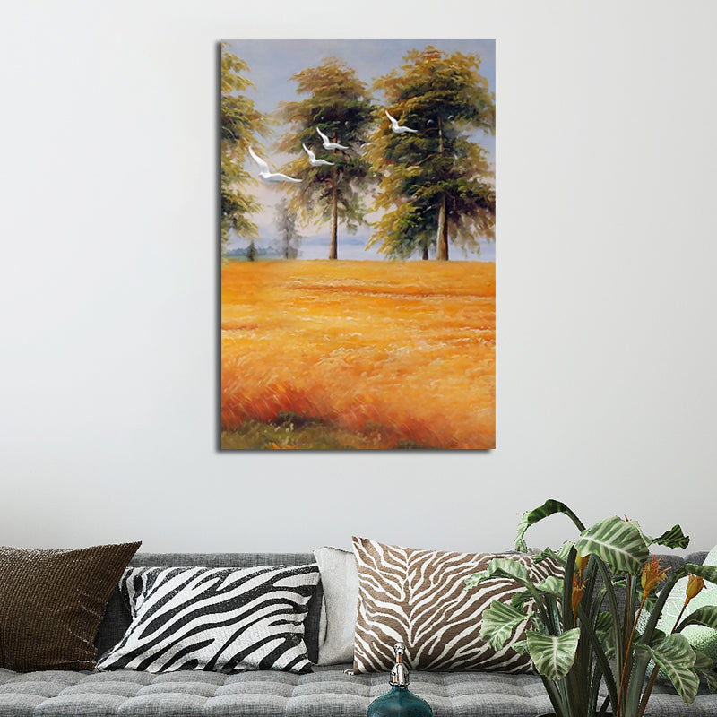 Yellow Painting Canvas Bird Flying over Field Landscape Rustic Textured Wall Art Clearhalo 'Art Gallery' 'Canvas Art' 'Country Art Gallery' 'French Country' 'Rustic' Arts' 1628390