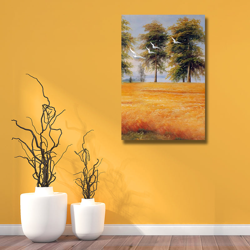 Yellow Painting Canvas Bird Flying over Field Landscape Rustic Textured Wall Art Clearhalo 'Art Gallery' 'Canvas Art' 'Country Art Gallery' 'French Country' 'Rustic' Arts' 1628391