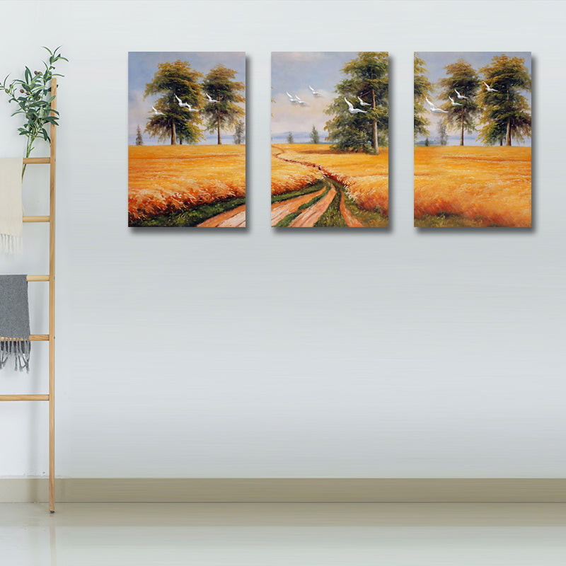 Yellow Painting Canvas Bird Flying over Field Landscape Rustic Textured Wall Art Clearhalo 'Art Gallery' 'Canvas Art' 'Country Art Gallery' 'French Country' 'Rustic' Arts' 1628397