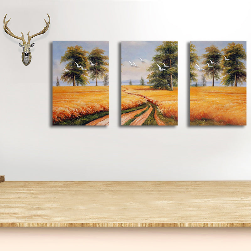 Yellow Painting Canvas Bird Flying over Field Landscape Rustic Textured Wall Art Clearhalo 'Art Gallery' 'Canvas Art' 'Country Art Gallery' 'French Country' 'Rustic' Arts' 1628398
