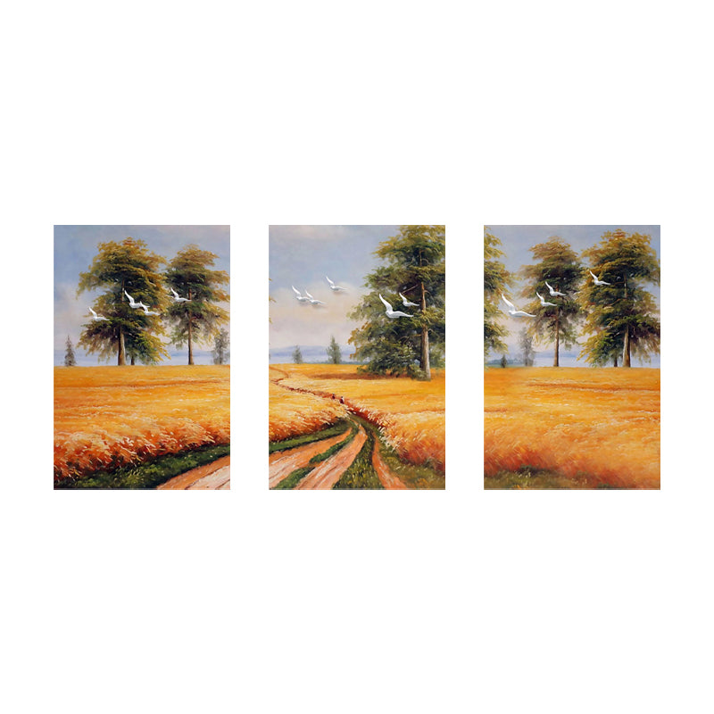 Yellow Painting Canvas Bird Flying over Field Landscape Rustic Textured Wall Art Clearhalo 'Art Gallery' 'Canvas Art' 'Country Art Gallery' 'French Country' 'Rustic' Arts' 1628399