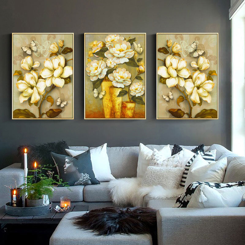 Gold Blooming Flower Print Canvas Textured French Country Living Room Wall Art Clearhalo 'Arts' 'Canvas Art' 1628467