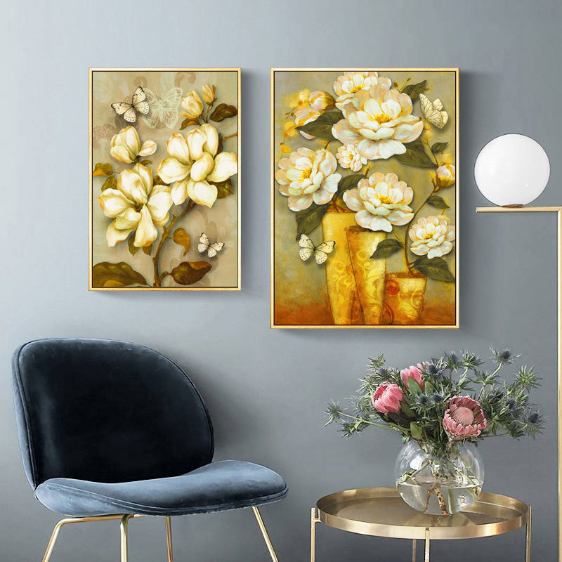 Gold Blooming Flower Print Canvas Textured French Country Living Room Wall Art Clearhalo 'Arts' 'Canvas Art' 1628468