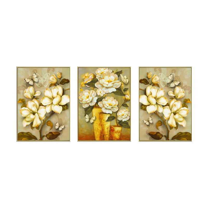 Gold Blooming Flower Print Canvas Textured French Country Living Room Wall Art Clearhalo 'Arts' 'Canvas Art' 1628469