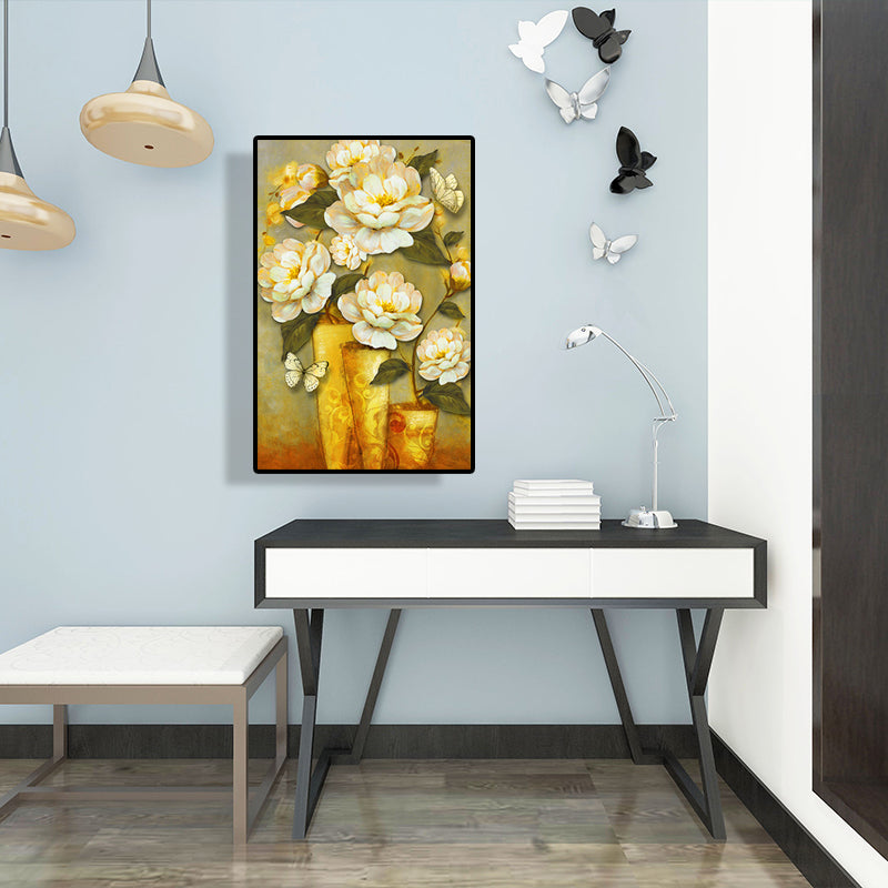 Gold Blooming Flower Print Canvas Textured French Country Living Room Wall Art Clearhalo 'Arts' 'Canvas Art' 1628481