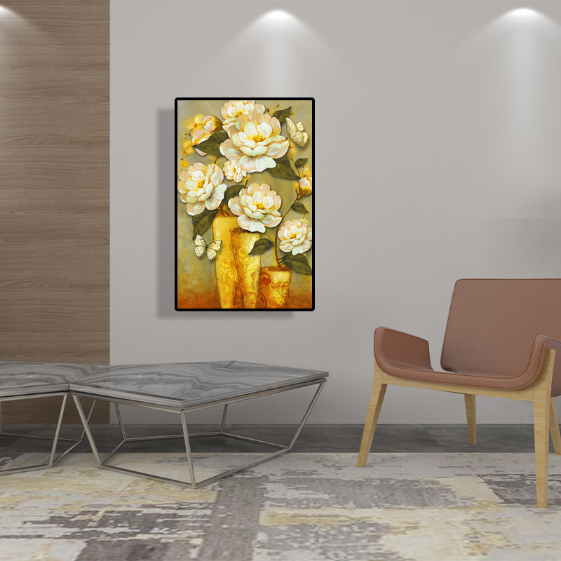Gold Blooming Flower Print Canvas Textured French Country Living Room Wall Art Clearhalo 'Arts' 'Canvas Art' 1628482