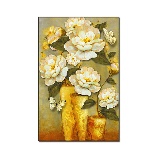 Gold Blooming Flower Print Canvas Textured French Country Living Room Wall Art