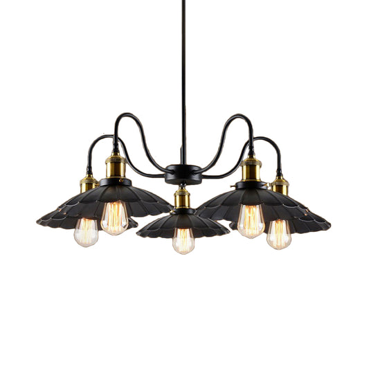 Black Finish Scalloped Chandelier Light Industrial Metal 5 Heads Indoor Pendant Lighting with Gooseneck Arm Clearhalo 'Cast Iron' 'Ceiling Lights' 'Chandeliers' 'Industrial Chandeliers' 'Industrial' 'Metal' 'Middle Century Chandeliers' 'Rustic Chandeliers' 'Tiffany' Lighting' 162906