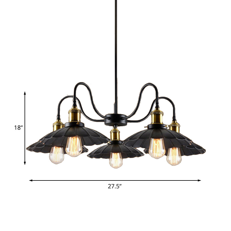 Black Finish Scalloped Chandelier Light Industrial Metal 5 Heads Indoor Pendant Lighting with Gooseneck Arm Clearhalo 'Cast Iron' 'Ceiling Lights' 'Chandeliers' 'Industrial Chandeliers' 'Industrial' 'Metal' 'Middle Century Chandeliers' 'Rustic Chandeliers' 'Tiffany' Lighting' 162907