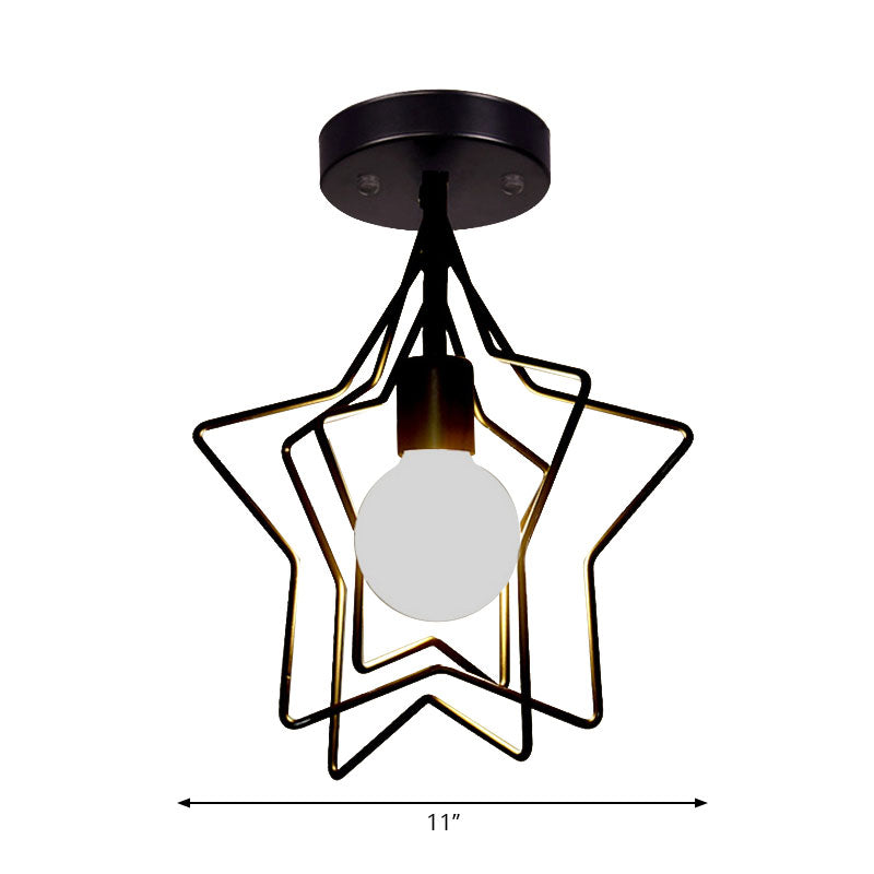 1 Bulb Semi-Flush Ceiling Light Loft Style Star Frame Metal Ceiling Mounted Fixture in Black/Gold for Corridor Clearhalo 'Ceiling Lights' 'Close To Ceiling Lights' 'Close to ceiling' 'Semi-flushmount' Lighting' 162911