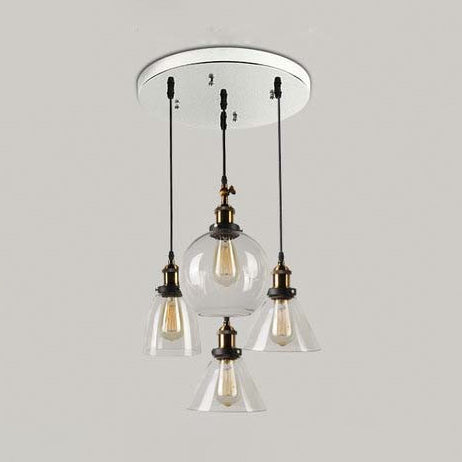 4-Light Multiple Hanging Light with Different Shade Clear Glass Modern Cluster Pendant in Aged Brass, Linear/Round Canopy Clear Round Clearhalo 'Ceiling Lights' 'Glass shade' 'Glass' 'Industrial Pendants' 'Industrial' 'Middle Century Pendants' 'Pendant Lights' 'Pendants' 'Tiffany' Lighting' 16295