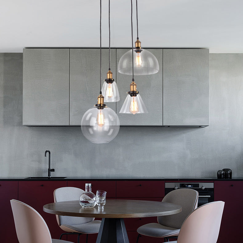 4-Light Multiple Hanging Light with Different Shade Clear Glass Modern Cluster Pendant in Aged Brass, Linear/Round Canopy Clearhalo 'Ceiling Lights' 'Glass shade' 'Glass' 'Industrial Pendants' 'Industrial' 'Middle Century Pendants' 'Pendant Lights' 'Pendants' 'Tiffany' Lighting' 16296