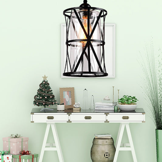1 Light Clear Glass/Fabric Pendant Fixture Antique Black Cylinder Living Room Hanging Ceiling Light with Plug and Iron Frame Black Glass Clearhalo 'Ceiling Lights' 'Glass shade' 'Glass' 'Industrial Pendants' 'Industrial' 'Middle Century Pendants' 'Pendant Lights' 'Pendants' 'Tiffany' Lighting' 162975