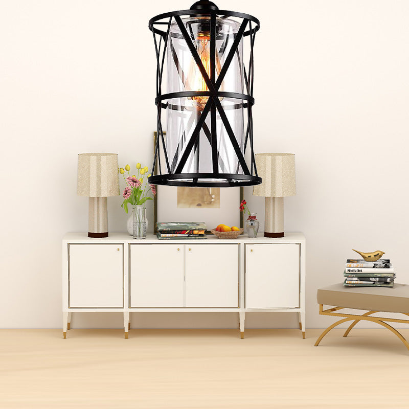 1 Light Clear Glass/Fabric Pendant Fixture Antique Black Cylinder Living Room Hanging Ceiling Light with Plug and Iron Frame Clearhalo 'Ceiling Lights' 'Glass shade' 'Glass' 'Industrial Pendants' 'Industrial' 'Middle Century Pendants' 'Pendant Lights' 'Pendants' 'Tiffany' Lighting' 162976