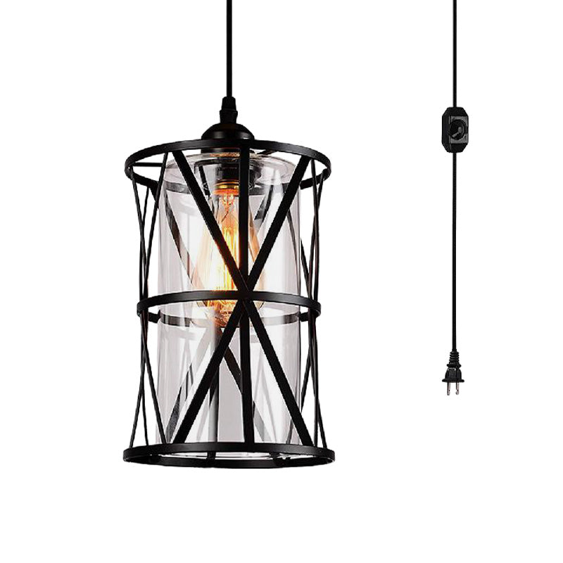 1 Light Clear Glass/Fabric Pendant Fixture Antique Black Cylinder Living Room Hanging Ceiling Light with Plug and Iron Frame Clearhalo 'Ceiling Lights' 'Glass shade' 'Glass' 'Industrial Pendants' 'Industrial' 'Middle Century Pendants' 'Pendant Lights' 'Pendants' 'Tiffany' Lighting' 162977