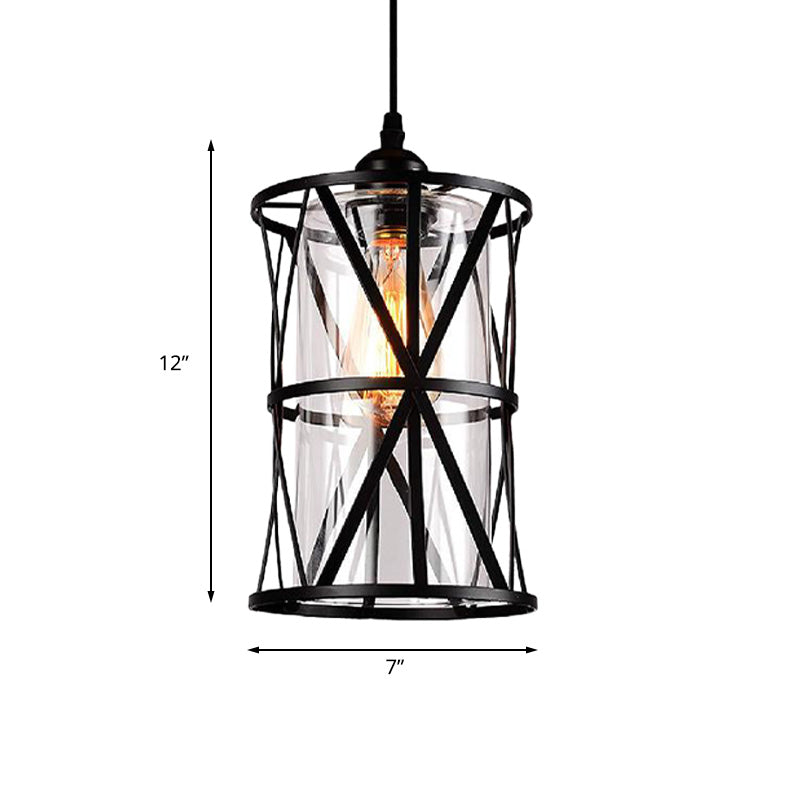 1 Light Clear Glass/Fabric Pendant Fixture Antique Black Cylinder Living Room Hanging Ceiling Light with Plug and Iron Frame Clearhalo 'Ceiling Lights' 'Glass shade' 'Glass' 'Industrial Pendants' 'Industrial' 'Middle Century Pendants' 'Pendant Lights' 'Pendants' 'Tiffany' Lighting' 162978