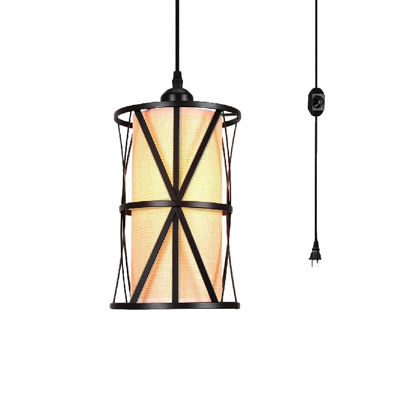 1 Light Clear Glass/Fabric Pendant Fixture Antique Black Cylinder Living Room Hanging Ceiling Light with Plug and Iron Frame Clearhalo 'Ceiling Lights' 'Glass shade' 'Glass' 'Industrial Pendants' 'Industrial' 'Middle Century Pendants' 'Pendant Lights' 'Pendants' 'Tiffany' Lighting' 162982