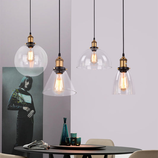 4-Light Multiple Hanging Light with Different Shade Clear Glass Modern Cluster Pendant in Aged Brass, Linear/Round Canopy Clearhalo 'Ceiling Lights' 'Glass shade' 'Glass' 'Industrial Pendants' 'Industrial' 'Middle Century Pendants' 'Pendant Lights' 'Pendants' 'Tiffany' Lighting' 16298