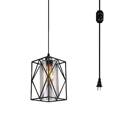 Black Cylinder Pendant Ceiling Light Farmhouse Clear Glass/Fabric 1 Light Living Room Hanging Lamp with Plug Clearhalo 'Ceiling Lights' 'Glass shade' 'Glass' 'Industrial Pendants' 'Industrial' 'Middle Century Pendants' 'Pendant Lights' 'Pendants' 'Tiffany' Lighting' 162991