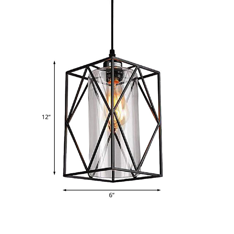Black Cylinder Pendant Ceiling Light Farmhouse Clear Glass/Fabric 1 Light Living Room Hanging Lamp with Plug Clearhalo 'Ceiling Lights' 'Glass shade' 'Glass' 'Industrial Pendants' 'Industrial' 'Middle Century Pendants' 'Pendant Lights' 'Pendants' 'Tiffany' Lighting' 162992