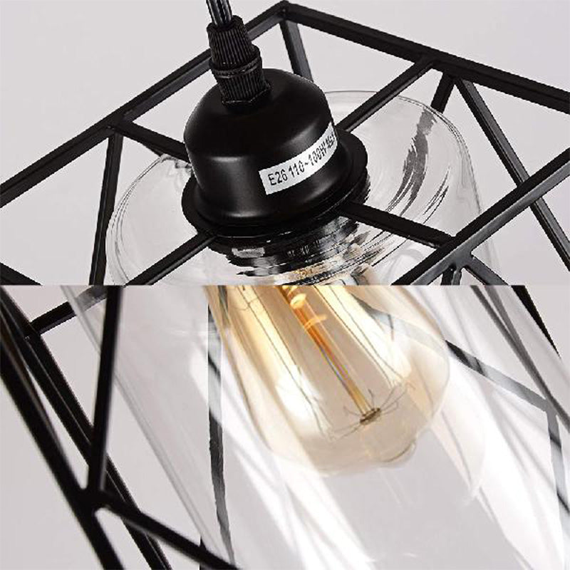 Black Cylinder Pendant Ceiling Light Farmhouse Clear Glass/Fabric 1 Light Living Room Hanging Lamp with Plug Clearhalo 'Ceiling Lights' 'Glass shade' 'Glass' 'Industrial Pendants' 'Industrial' 'Middle Century Pendants' 'Pendant Lights' 'Pendants' 'Tiffany' Lighting' 162993