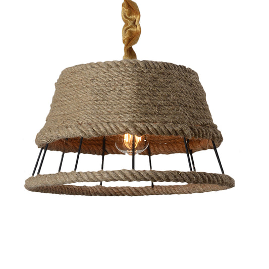 Hemp Rope Beige Pendant Light with Metal Cage Shade 1 Head Lodge Hanging Light Fixture for Restaurant Clearhalo 'Ceiling Lights' 'Industrial Pendants' 'Industrial' 'Middle Century Pendants' 'Pendant Lights' 'Pendants' 'Tiffany' Lighting' 163011