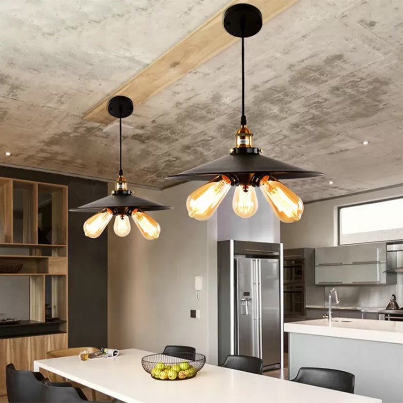 Flared Shade Kitchen Hanging Lamp Vintage Style Metallic 3 Heads Black/White Pendant Lighting Black A Clearhalo 'Cast Iron' 'Ceiling Lights' 'Chandeliers' 'Industrial Chandeliers' 'Industrial' 'Metal' 'Middle Century Chandeliers' 'Rustic Chandeliers' 'Tiffany' Lighting' 163079